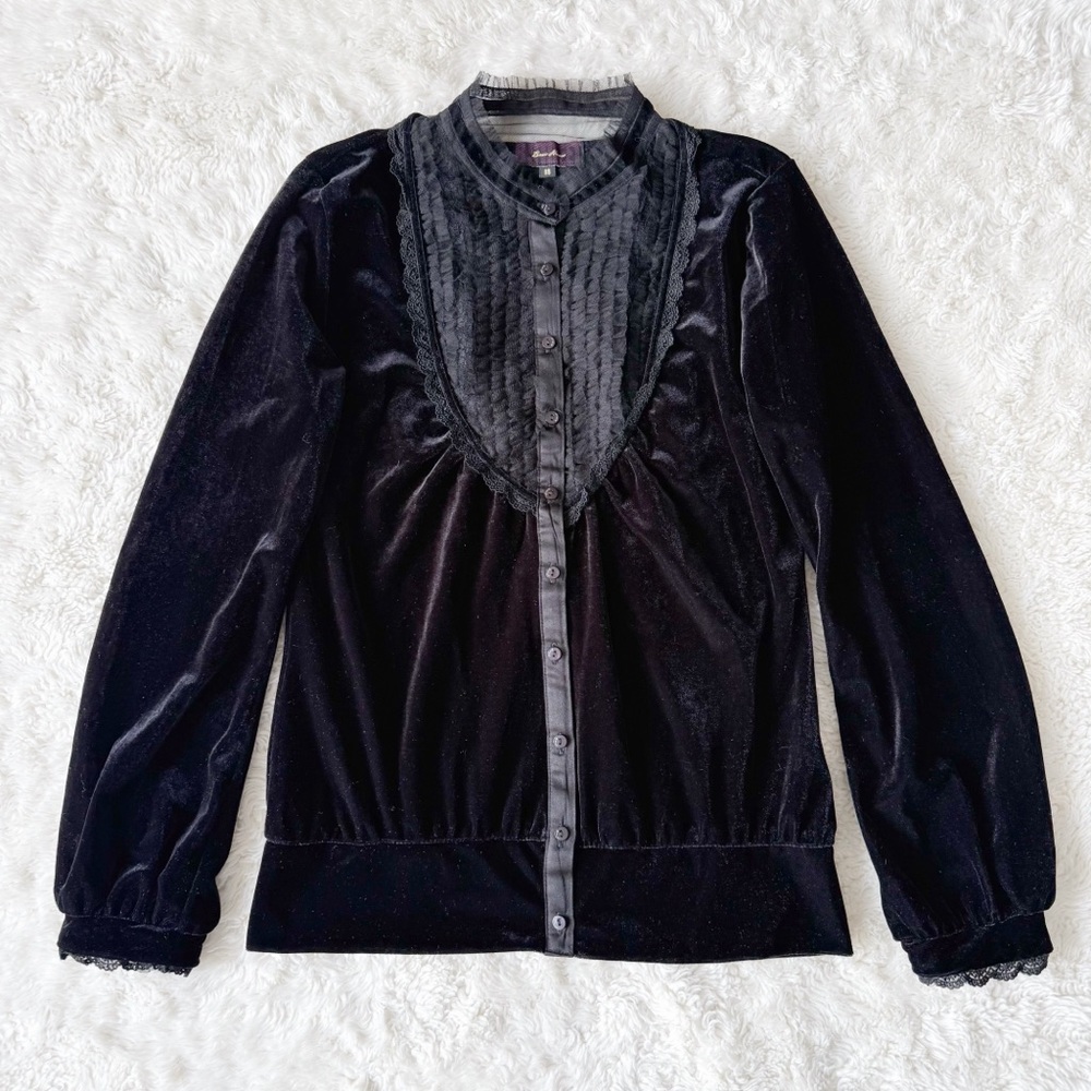 VTG Y2K Whimsigoth Woman Black Velvet Ruffle Lace Button Down Top Romantic